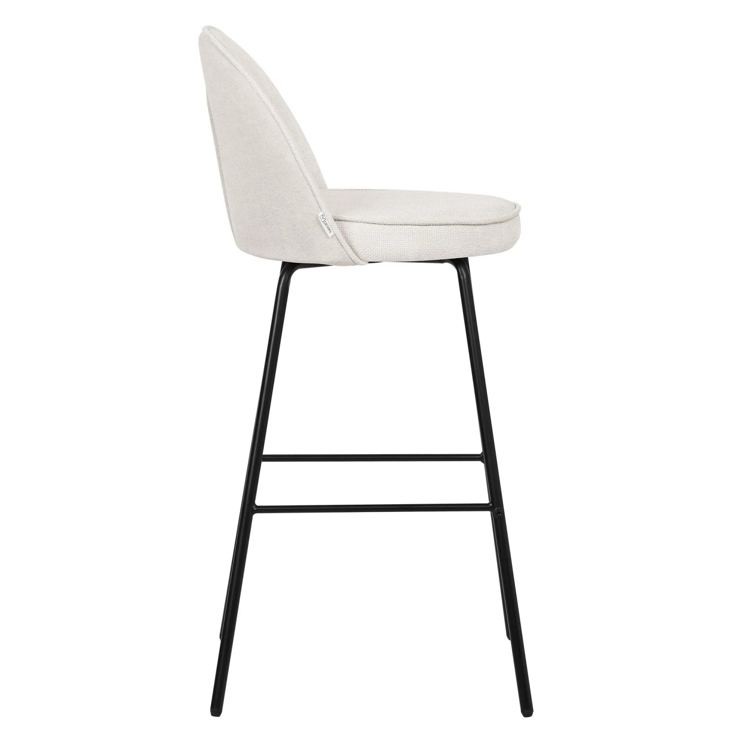 Beiger Barhocker mit Stoffbezug und schwarzem Metallgestell, 75 cm Sitzhöhe, Seitenansicht. Modernes Design.