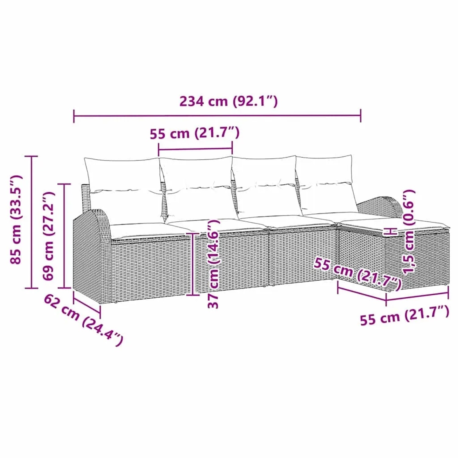 Maße des beigen 5-tlg. vidaXL Garten-Sofa-Sets aus Poly Rattan mit Kissen, technische Zeichnung.