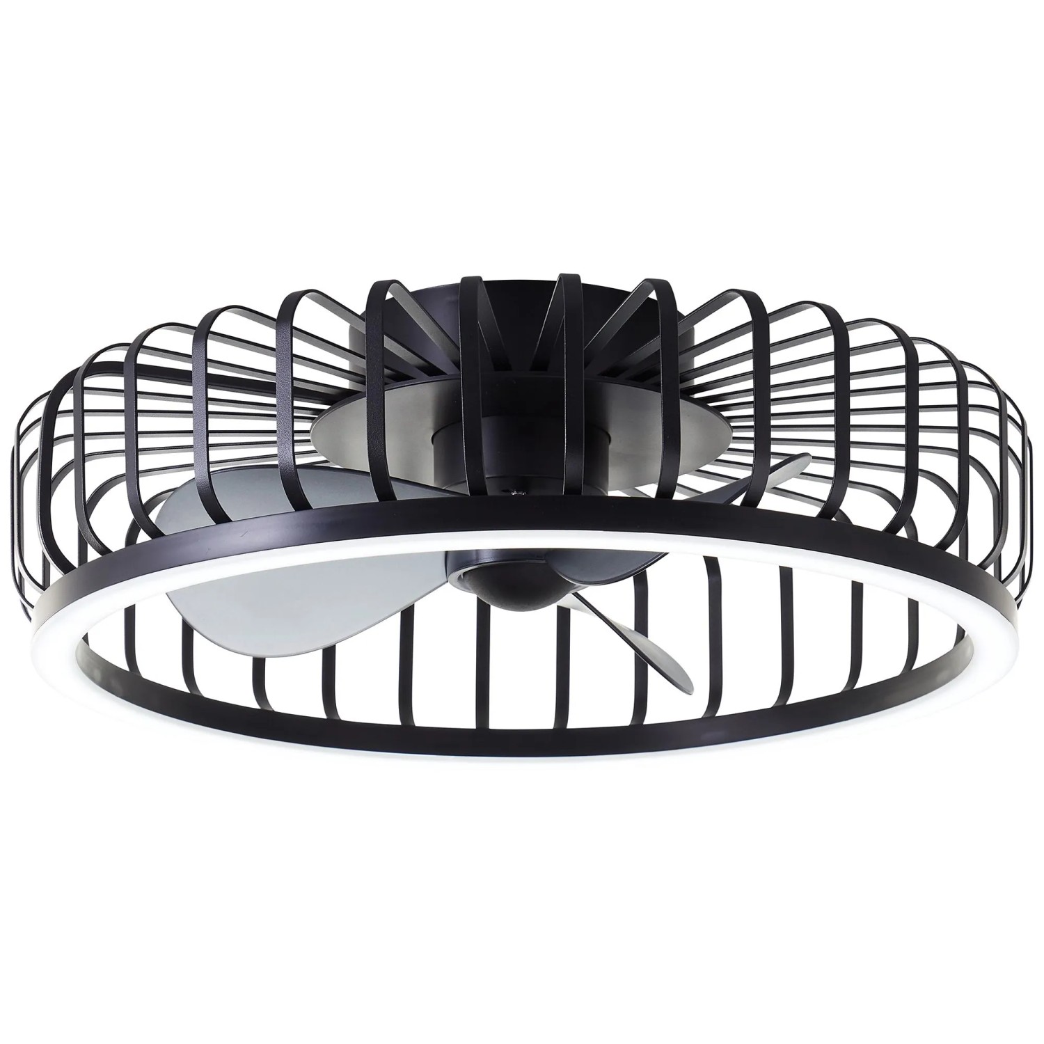 Schwarze LED-Deckenleuchte Capo mit Ventilator, Ø 48cm. Moderne Lampe mit integriertem Ventilator.