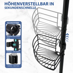 Schwarzes Sekey Teleskop Duschregal mit 4 Körben und Klicksystem zur Höhenverstellung.