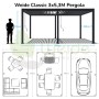 Weißer Weide Classic Alu-Stahl Pavillon 3x5,3m mit Maßangaben und Nutzungsideen.