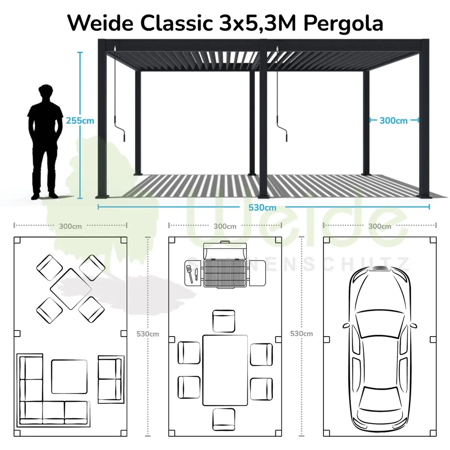 Weißer Weide Classic Alu-Stahl Pavillon 3x5,3m mit Maßangaben und Nutzungsideen.