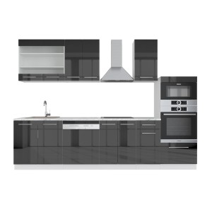 Moderne Küchenzeile in Anthrazit Hochglanz/Weiß mit Hochschrank und Arbeitsplatte in Marmoroptik.