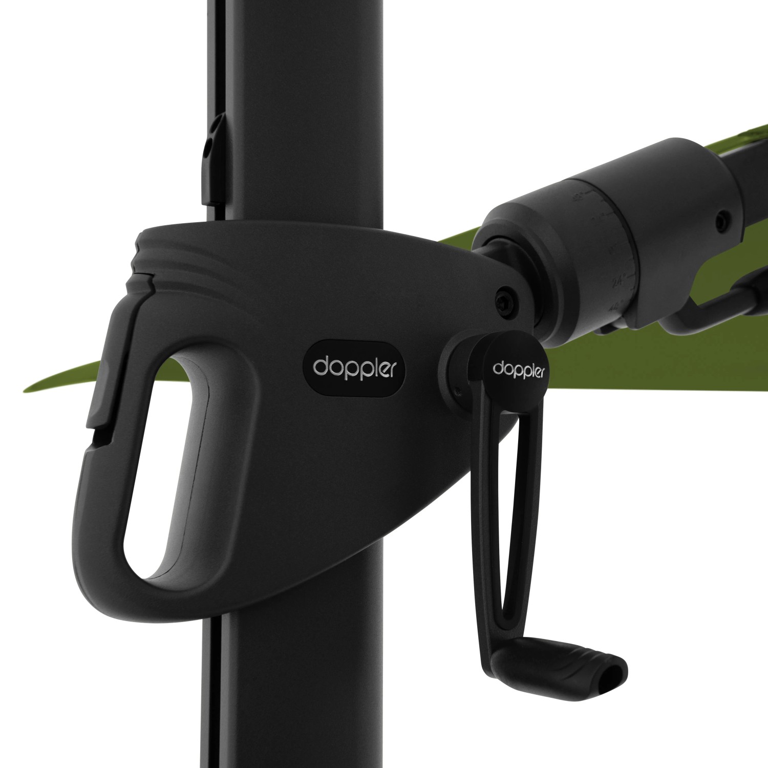 Detailaufnahme: Kurbelmechanik des Doppler Ampelschirm MyZone Kiwi zum einfachen Öffnen und Schließen.