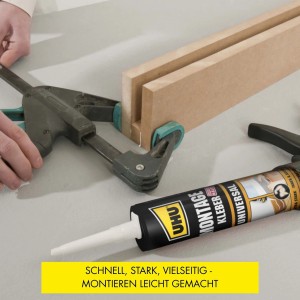 UHU Kraft Montage Universal Kleber Kartusche beim Verkleben von Holz mit einer Zwinge fixiert.