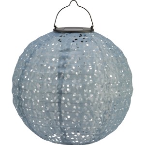 Graue Solar-Dekoleuchte Pellaro in Lampion-Form, Ø 25 cm, mit LED und Tragebügel.