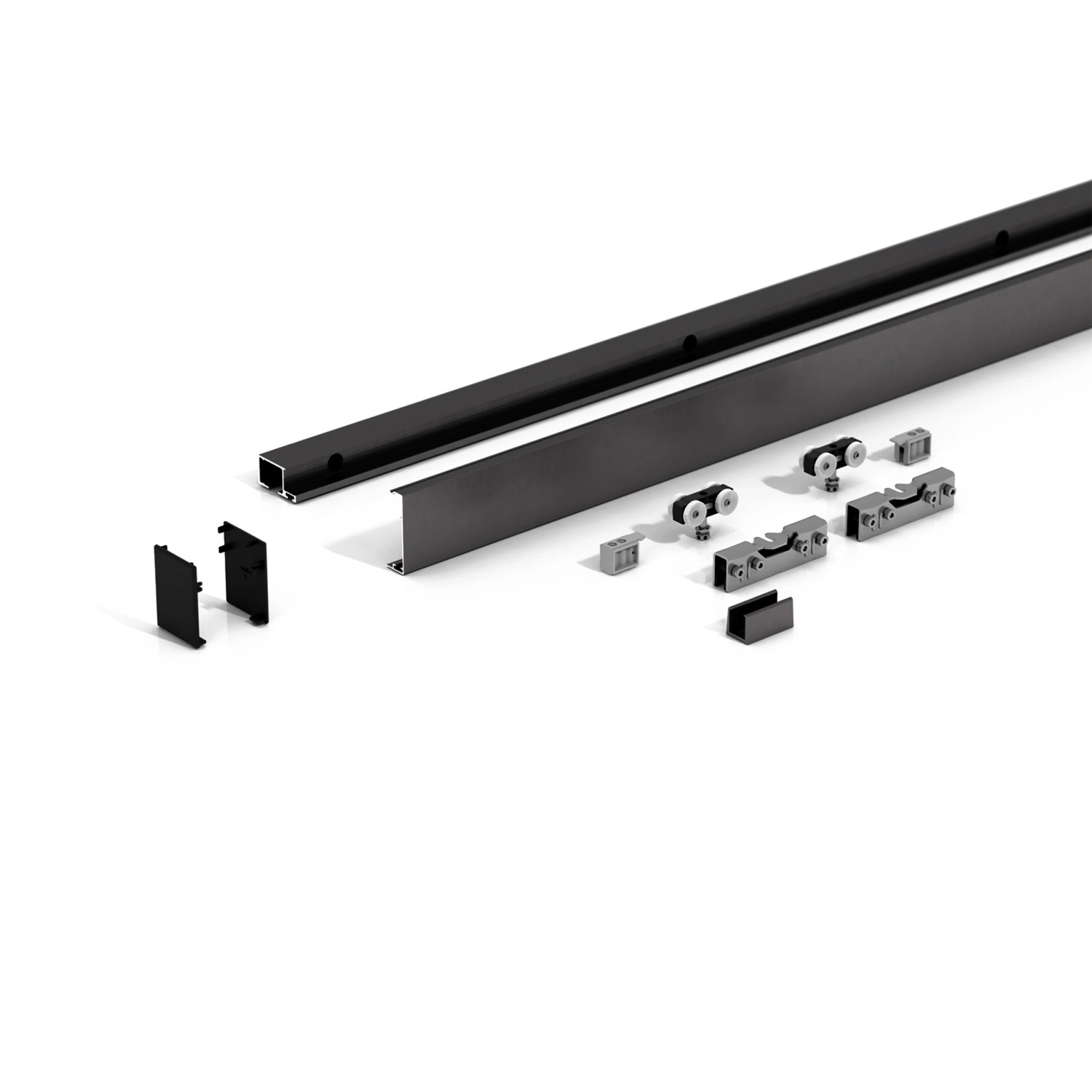 Levidor Glasschiebetür Freiburg Schwarz: Komplettset mit Schiene, Laufwagen und Zubehör.