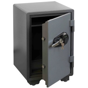 Offener, grauer KARAT Tresor Cullinan mit Tastenfeld, LCD-Display und Bodenmatte. Ideal zur sicheren Aufbewahrung.