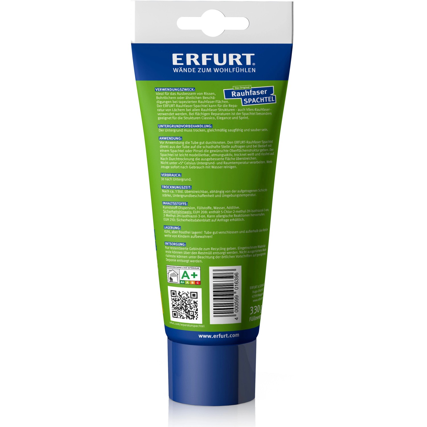 Tube Erfurt Rauhfaser-Spachtel, 330g, weiß. Zum Ausbessern von Rissen und Löchern in Rauhfaser-Tapeten.