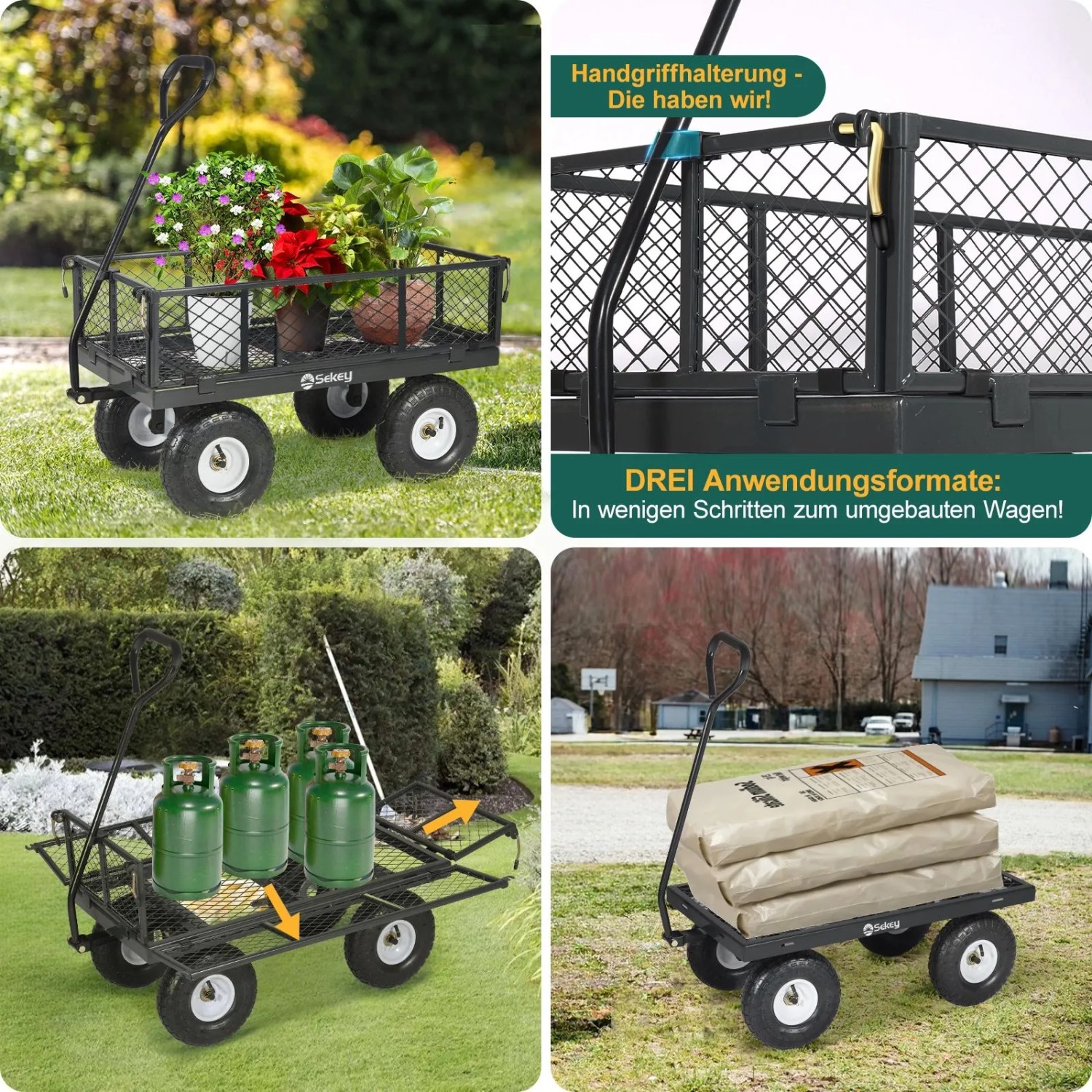Sekey Garten Plattformwagen mit Luftreifen, 300 kg Tragkraft und abnehmbaren Seitenteilen.