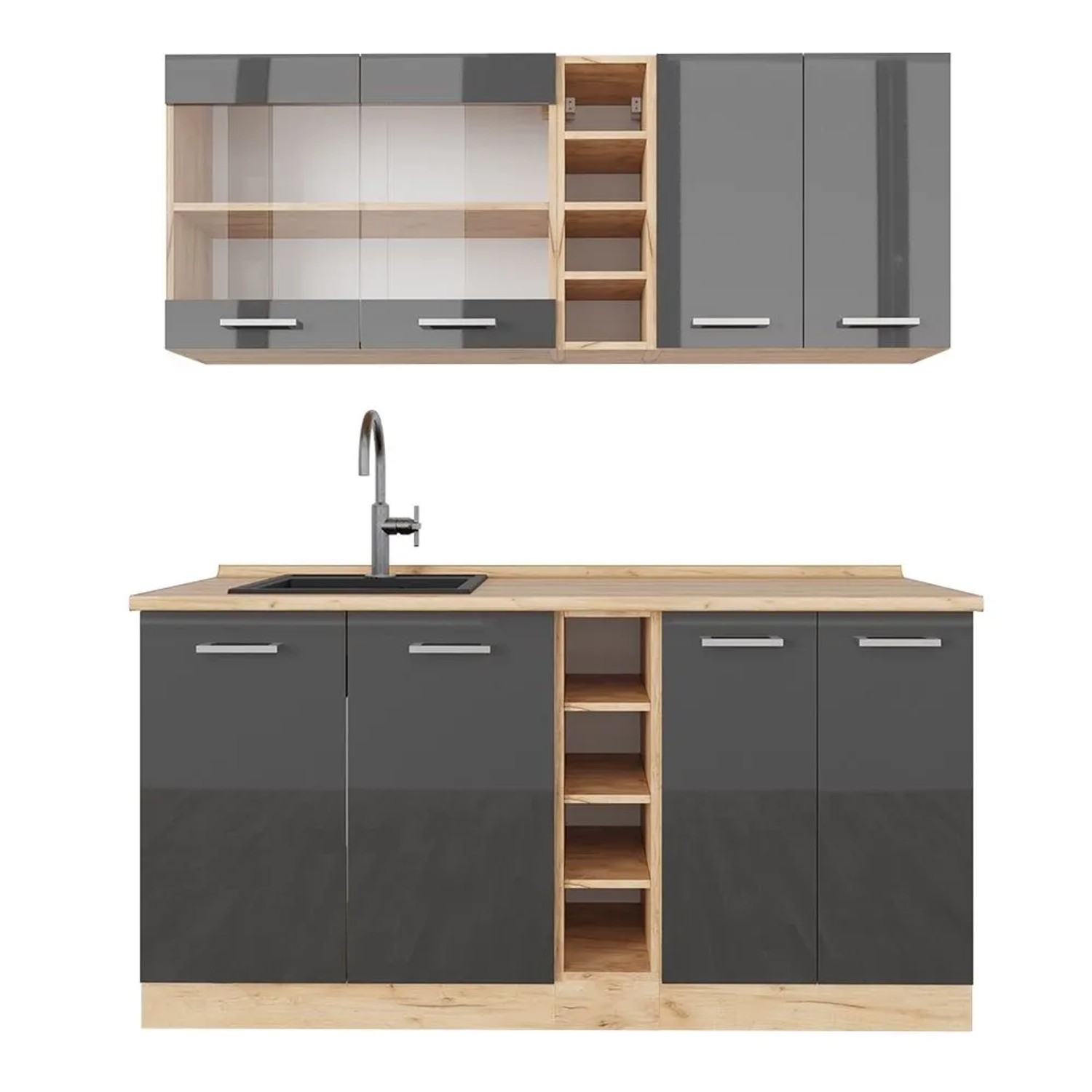 Vicco R-Line Singleküche Anthrazit Hochglanz Goldkraft Eiche 160 cm ohne Arbeitsplatte ohne E-Geräte