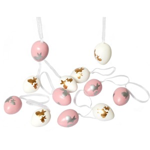 Brauns-Heitmann Ostereier-Set: 12 rosa-weiße Eier (ca. 4 cm) mit Hasenmotiven zum Aufhängen.