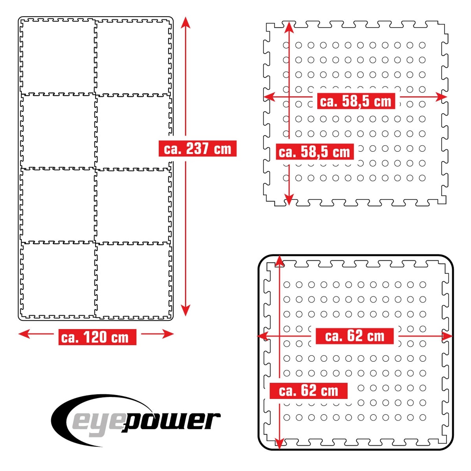 eyepower Poolmatte 62x62cm, 8er Set Blau, Maße und Details der Poolfolie dargestellt.