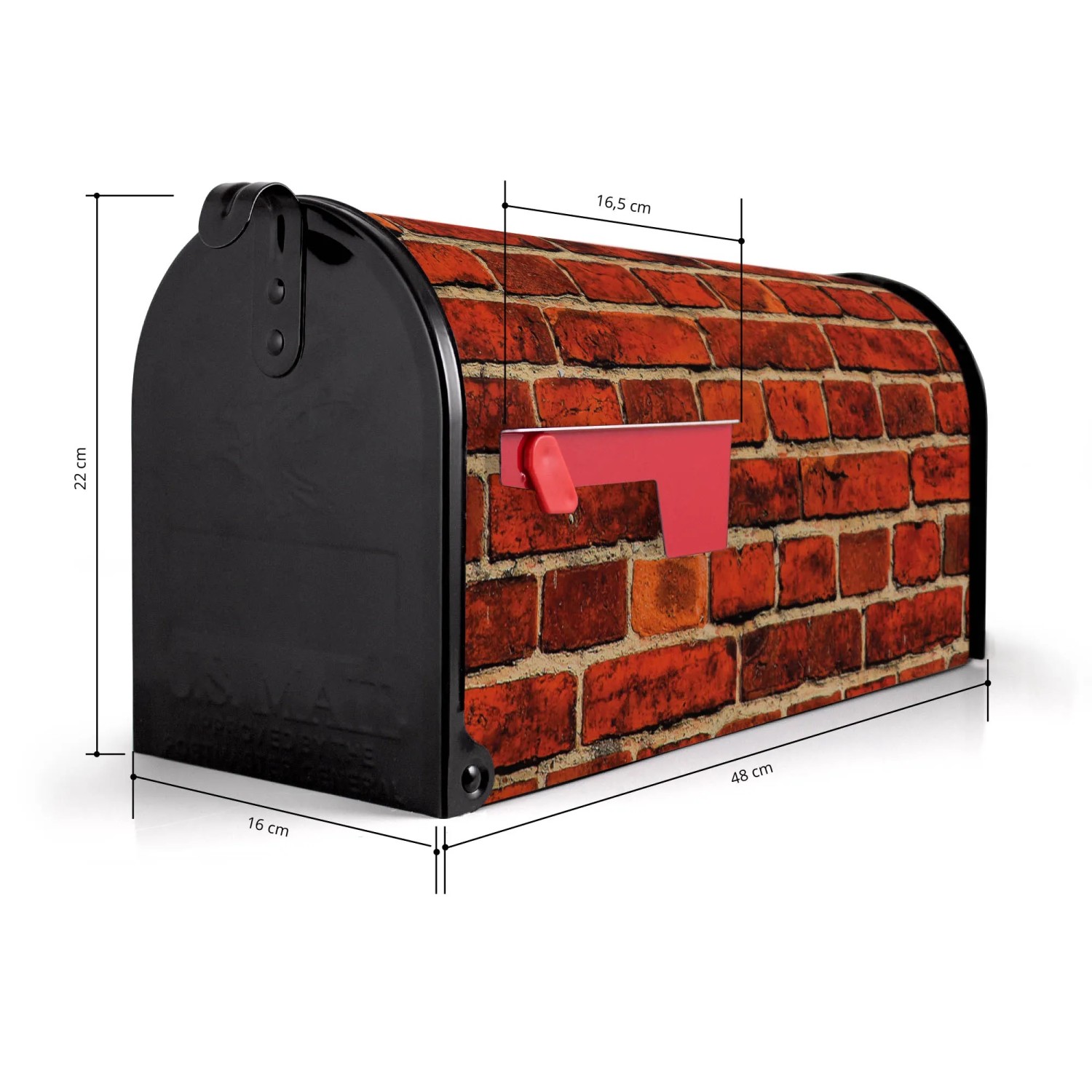 Schwarzer US Briefkasten mit Ziegelwand-Motiv, 48x22x16cm. Amerikanischer Postkasten für Wand- oder Standmontage.