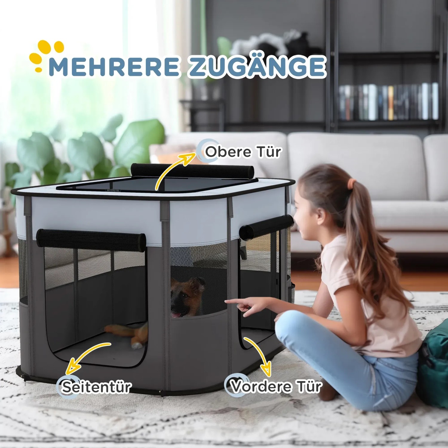 PawHut Welpenauslauf aus Oxford-Stoff mit Nylonnetz, grau, mit mehreren Eingängen und einem Mädchen davor.