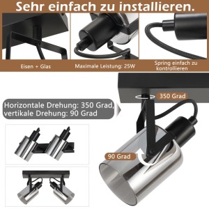 NETTLIFE Deckenstrahler Schwarz aus Metall & Glas, 2-flammig, 350° horizontal und 90° vertikal drehbar, dimmbar. Max. 25W.