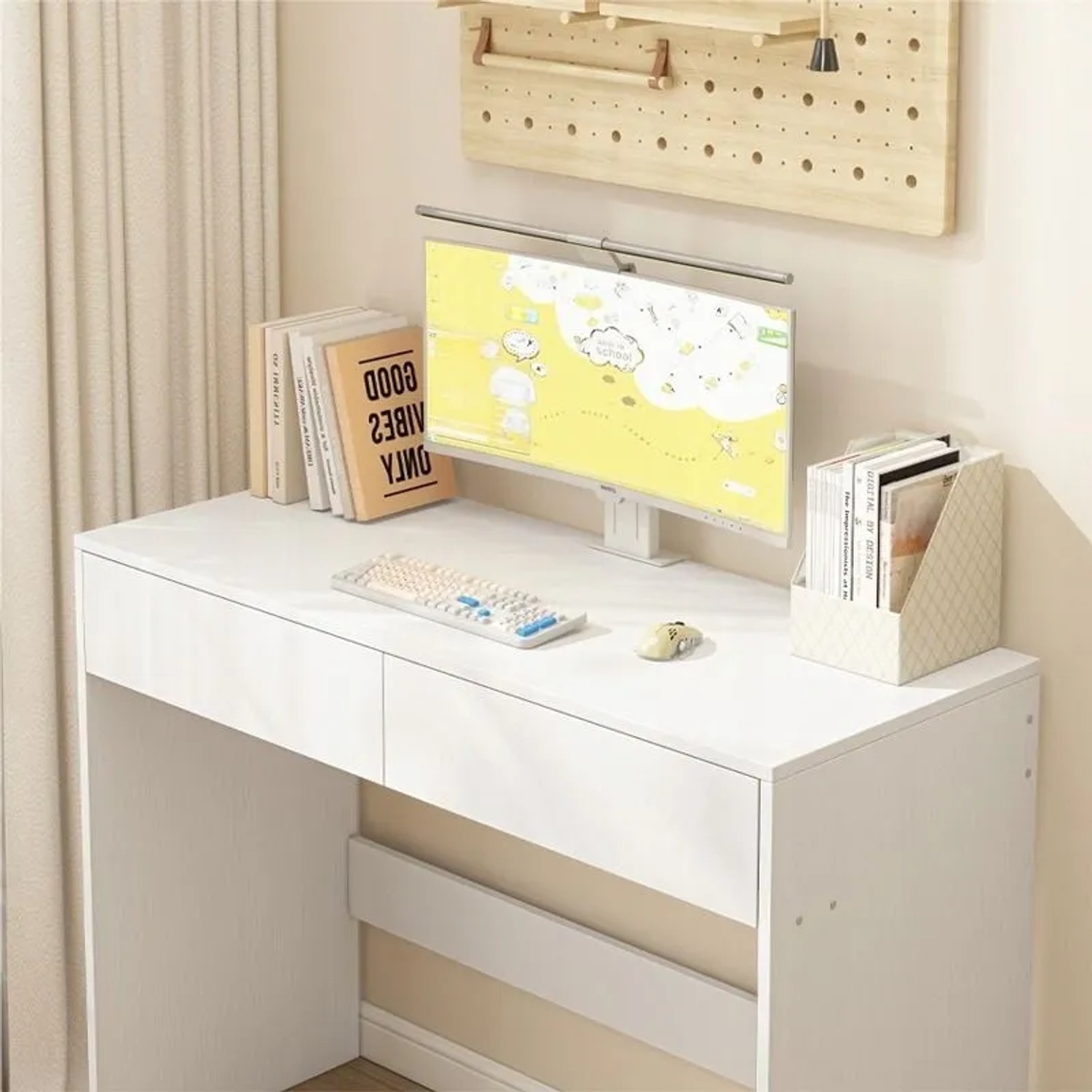 Rebiko Weißer Moderner Computertisch mit 2 Schubladen Loft-Tisch Schminktisch 100 cm_9