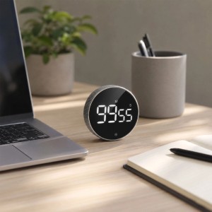 Moderner Relaxdays Küchentimer, silber, mit großem LED-Display auf Schreibtisch. Digitaler Timer für Küche & Büro.