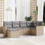 Beige 6-teilige Garten-Sofagarnitur aus Rattan mit grauen Kissen.