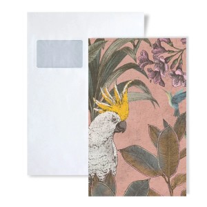 Musterstück der Dschungel Tapete mit Kakadu, Blätter und Kolibri auf rosa Grund.