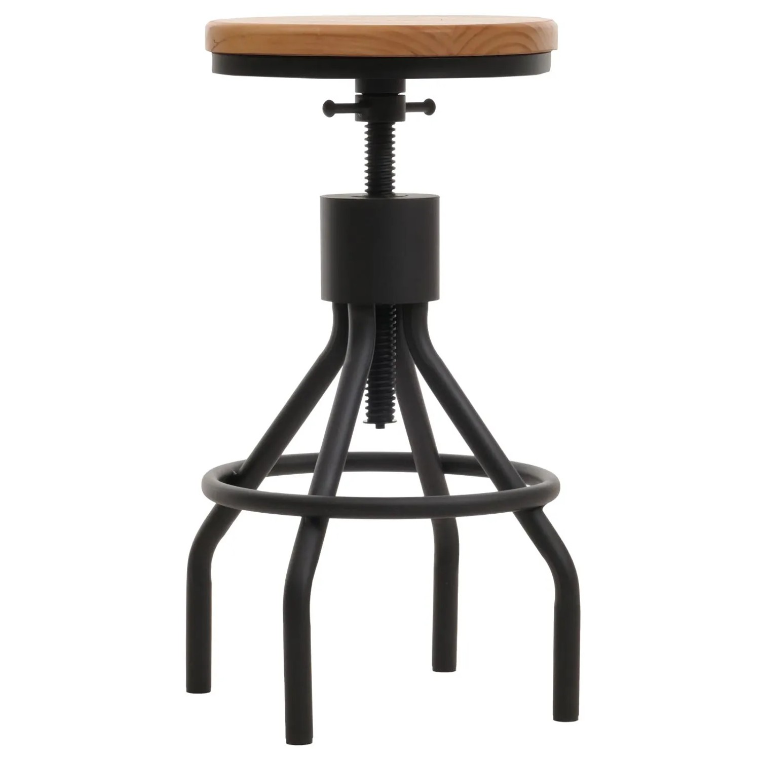 2er Set MCW Barhocker N17 Natur: Höhenverstellbarer Sitzhocker im Industrie Design mit Holz Sitzfläche und schwarzem Metallgestell.