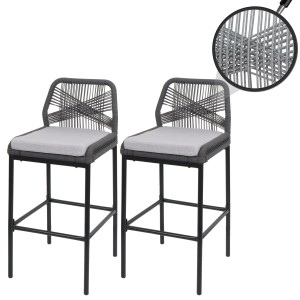 Zwei Proregal Rope-Barhocker, anthrazit, mit hellgrauen Kissen und Stahlgestell. Modernes Outdoor-Design.