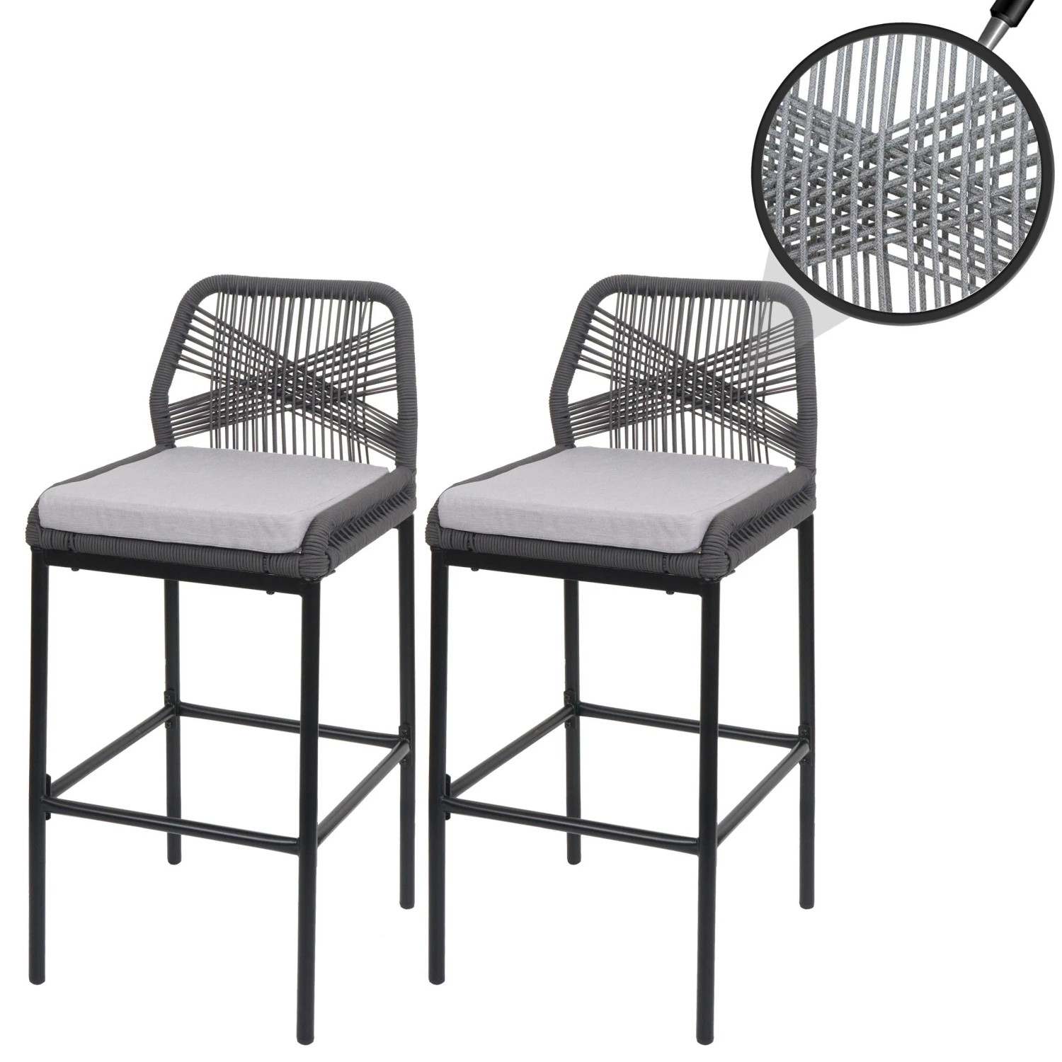 Zwei Proregal Rope-Barhocker, anthrazit, mit hellgrauen Kissen und Stahlgestell. Modernes Outdoor-Design.