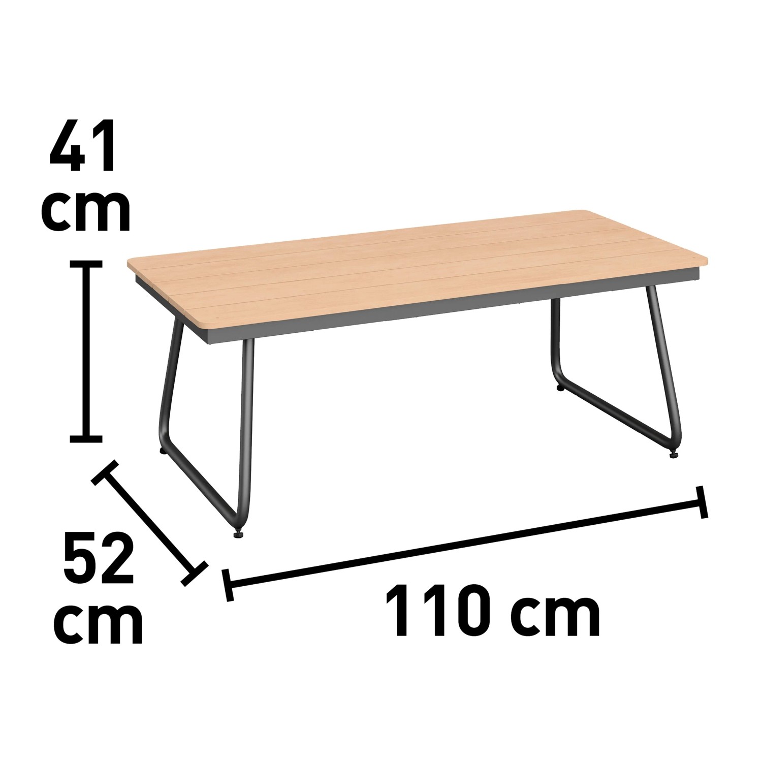 Beistelltisch der Woodcliff Loungegruppe mit Eukalyptusholz-Tischplatte und schwarzem Aluminiumgestell, Maße sind eingezeichnet.
