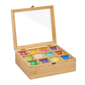 Relaxdays Teebox Bambus Natur Mit 12 Fächern Staubgeschützt 11 cm x 32 cm x 28 cm 1,6 kg