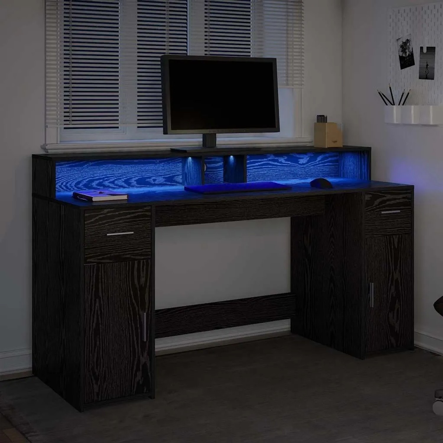 Schwarzer Schreibtisch mit LED-Beleuchtung, aus Holzwerkstoff, 160x55x91 cm.