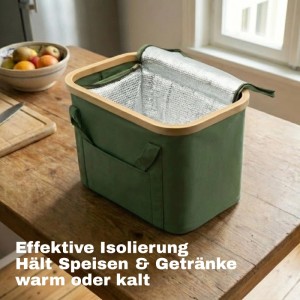 Grüne BigDean Picknicktasche mit Bambusdeckel und herausnehmbarer Kühltasche.