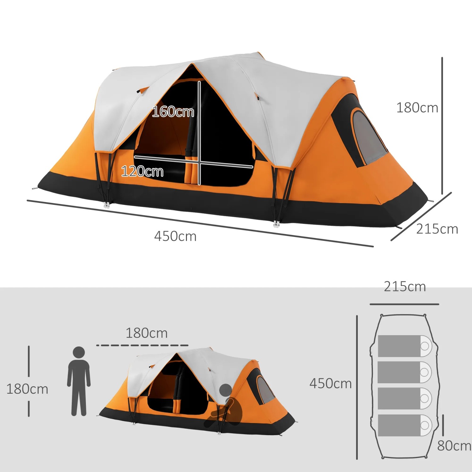Outsunny Campingzelt, orange, mit Maßen. Ideal für 6 Personen, mit zwei Schlafzimmern.
