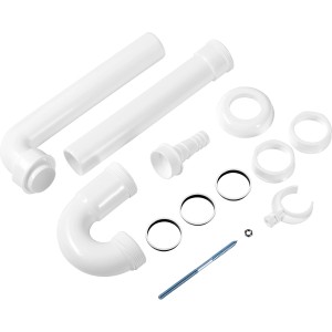 Weißer Spültischsiphon (44,8 mm) mit Zubehör für Spüle.