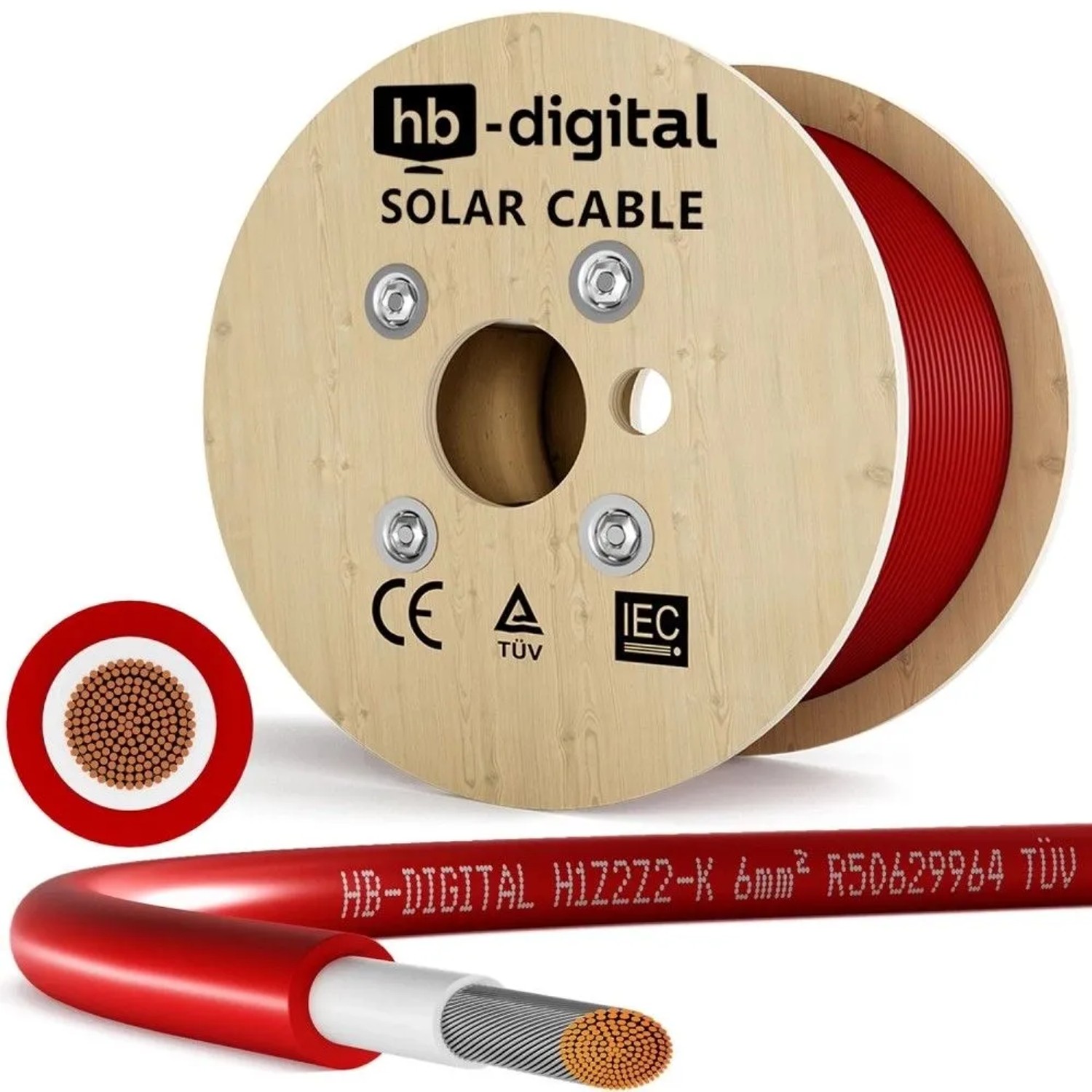 hb-digital Solarkabel 6 mm² H1Z2Z2-K TÜV Zertifiziertes Photovoltaik Kabel für PV Anlagen 300m Rot
