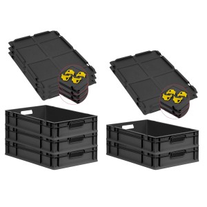 PROREGAL SparSet 5x Eurobox Nextgen Grip Mit Auflagedeckel Und Gelben Verschlüssen HxBxT 12x40x60cm 23 Liter Schwarz Griffe Offen