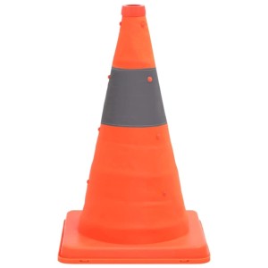 Orangefarbener, aufklappbarer Verkehrsleitkegel mit Reflexstreifen, 42 cm hoch.