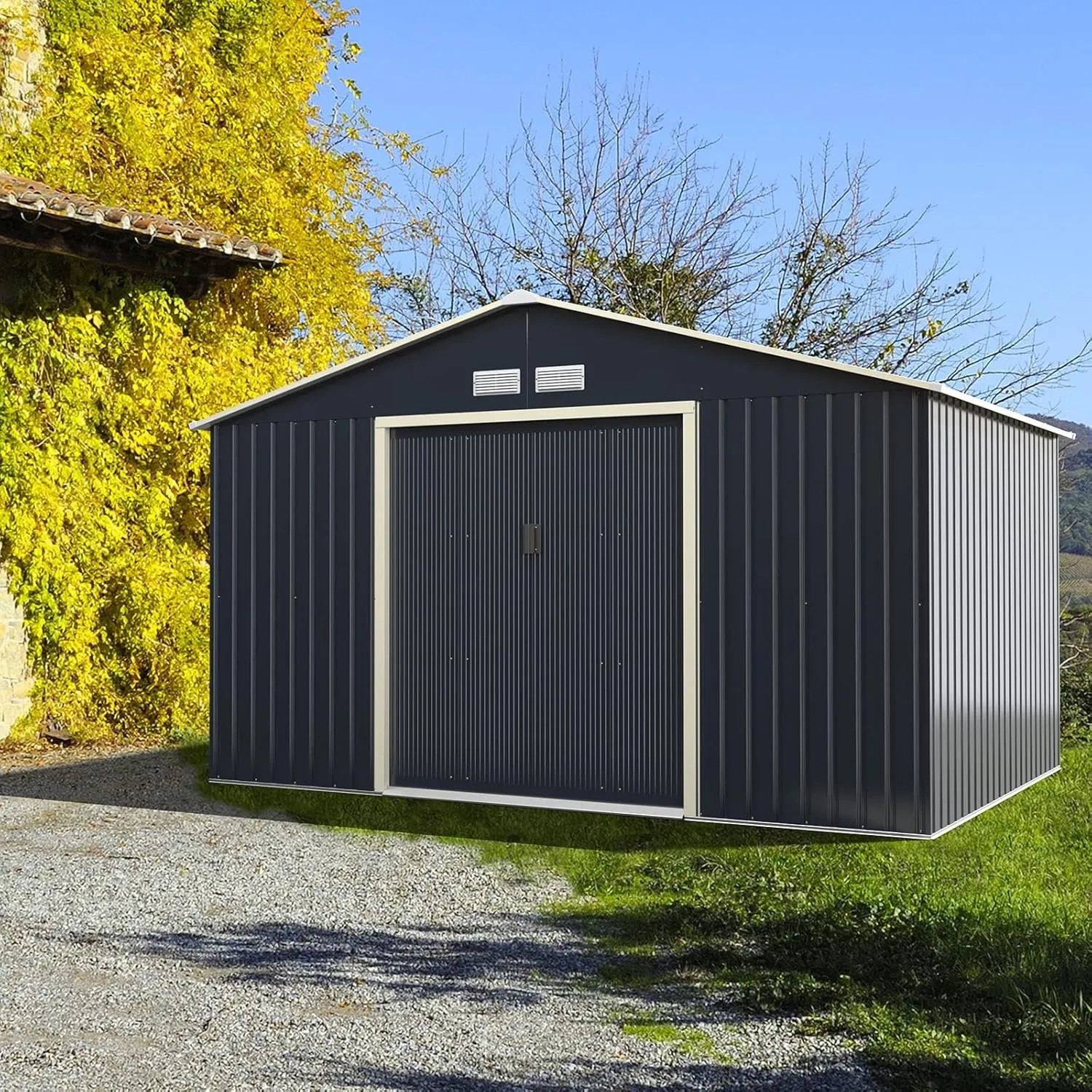 Costway Gerätehaus aus Metall, 340x255x210 cm, mit Doppelschiebetür und Lüftungsöffnungen.