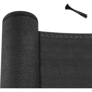 Anthrazitfarbene WOLTU Zaunblende (1x10 m) aus HDPE-Gewebe mit Kabelbindern.