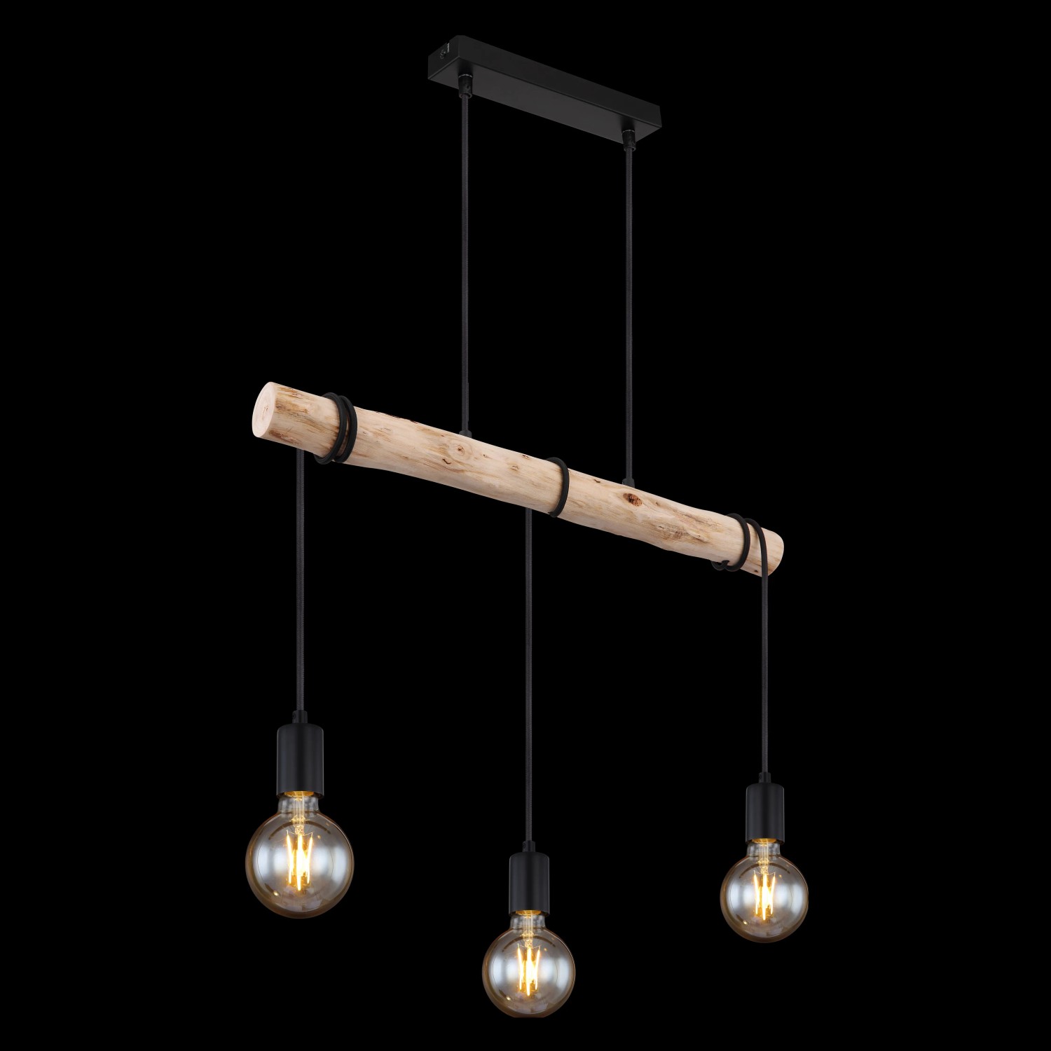 Schwarze Globo Pendelleuchte Gregor mit 3 Leuchten und Holzbalken für E27 Leuchtmittel.