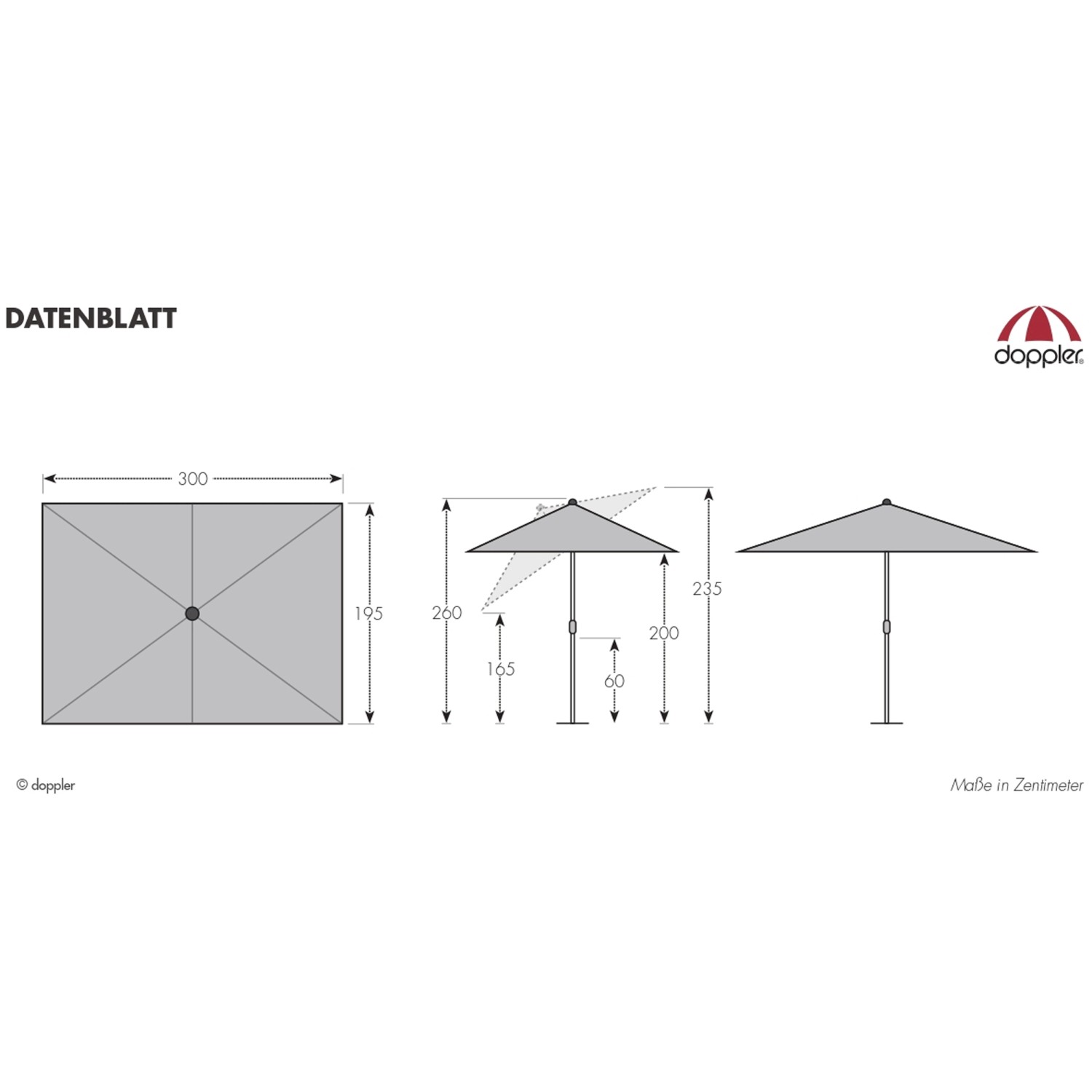 Technische Zeichnung Doppler Marktschirm Expert 200x300 cm Natur mit Maßen und Details.