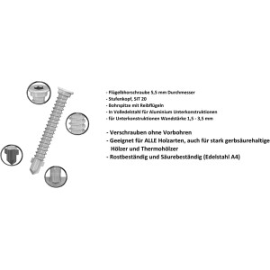 GS Terrassen Speedfix Flügel Bohrschraube, 5,5x60mm, A4 Edelstahl, 100 Stück für Terrassendielen.