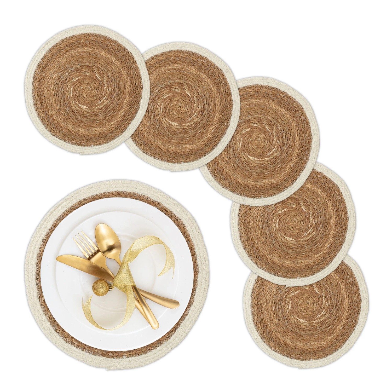 Relaxdays Tischsets 6er Set Wasserhyazinthe Natur Weiß Hitzebeständig 0,5 cm x 36 cm 130 g