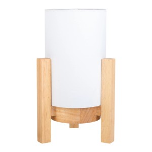 Näve LED-Tischleuchte Madita mit Holzfuß und weißem Textilschirm.