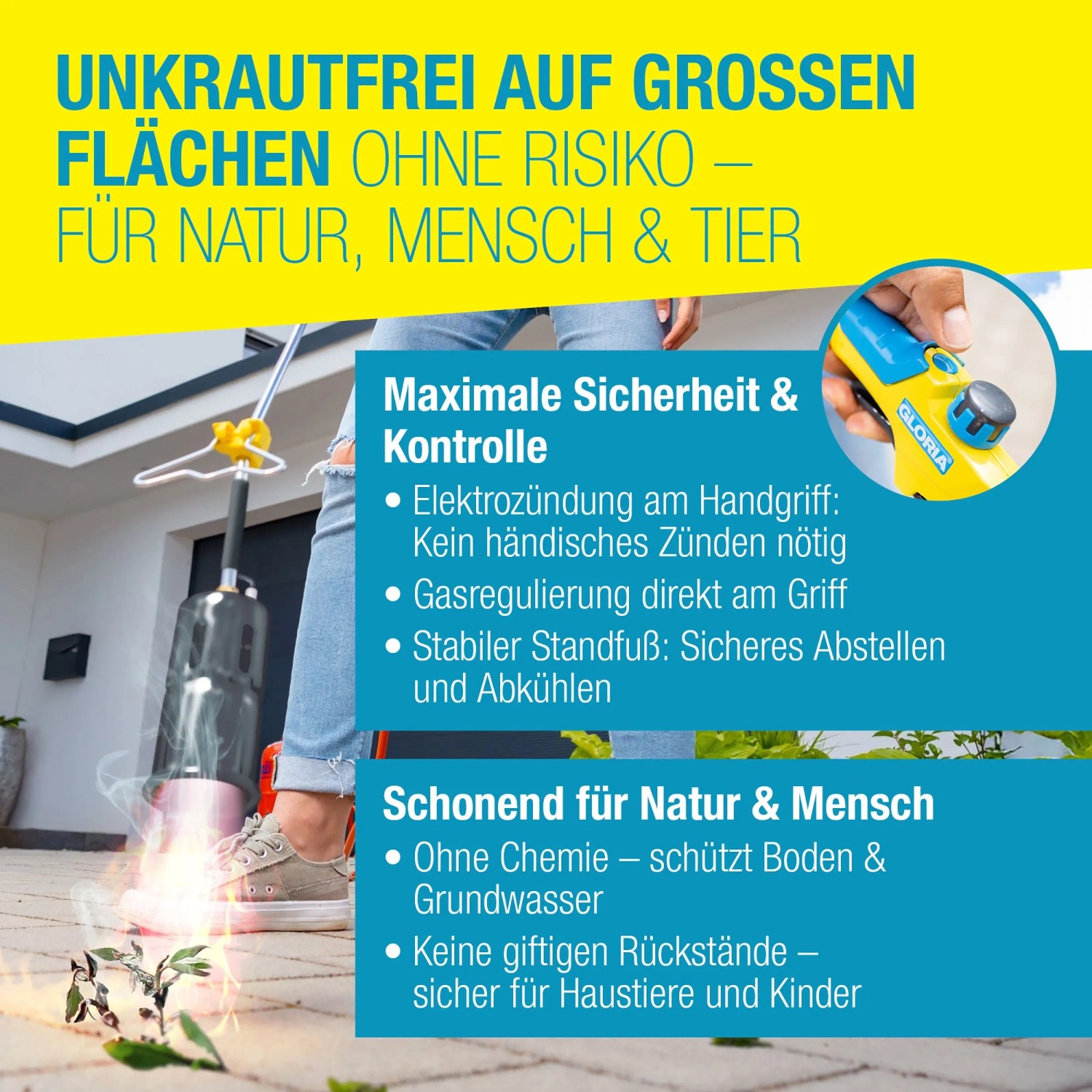 Gloria Thermoflamm bio Professional E+ Turbo Set Unkrautbrenner im Einsatz.