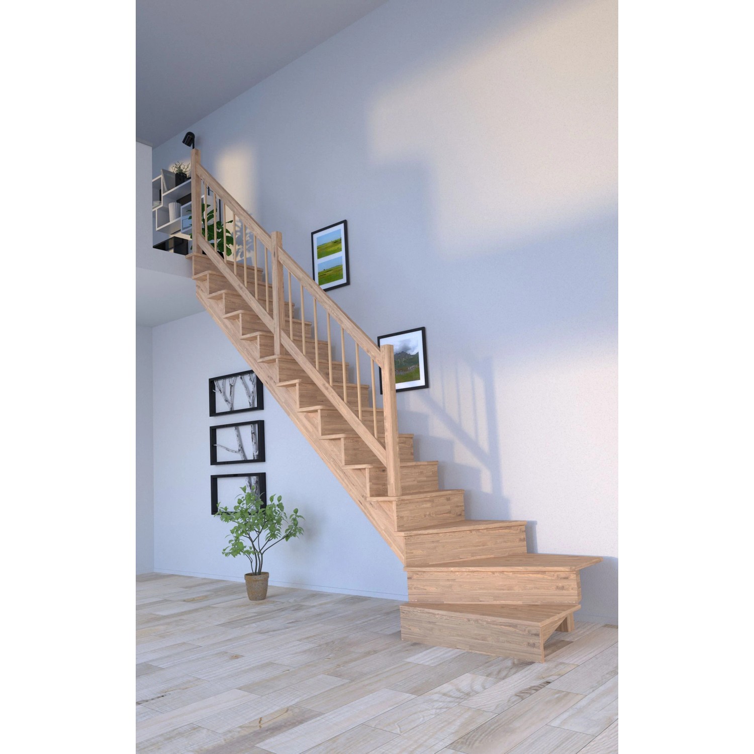Gewendelte Treppe Lindos Eiche mit Holzgeländer, links, Setzstufen, 80 cm breit.