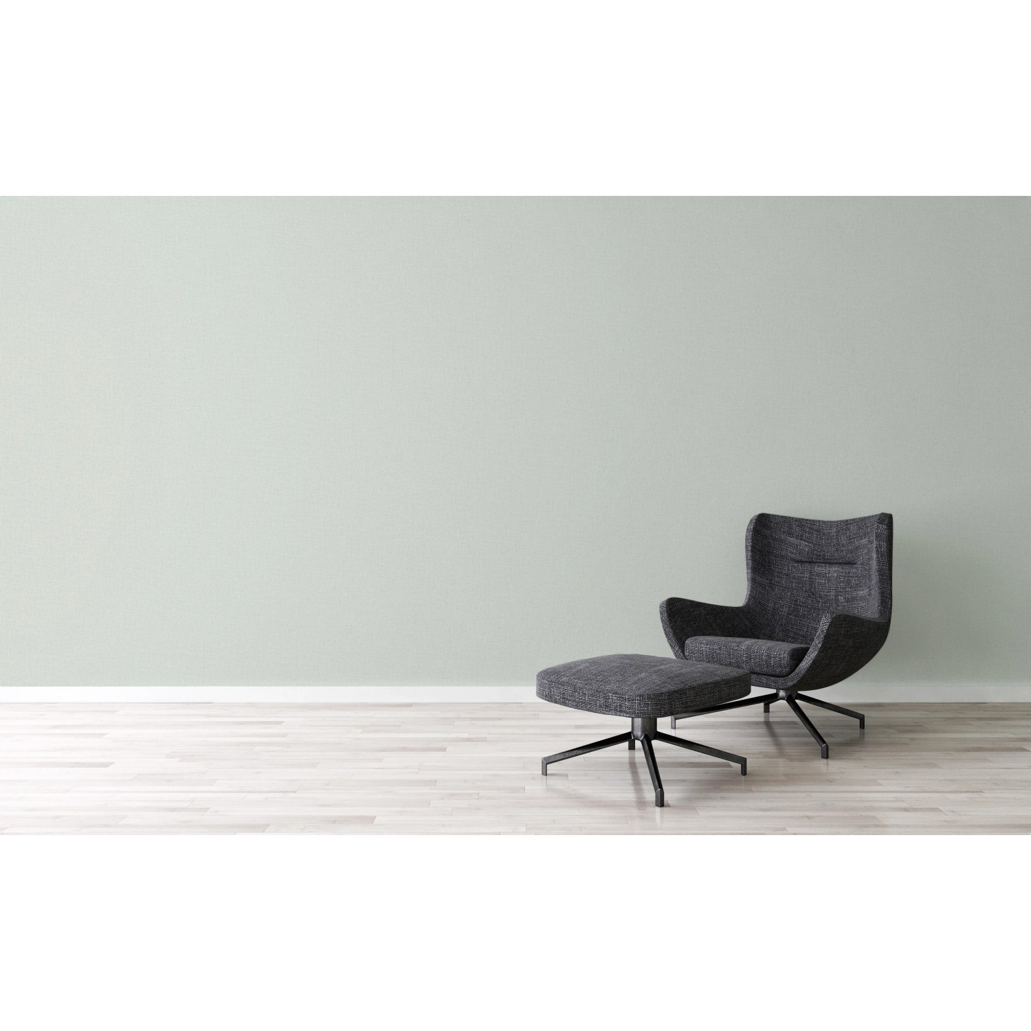 A.S. Création Vliestapete Uni Grün an Wand, kombiniert mit Sessel und Hocker.