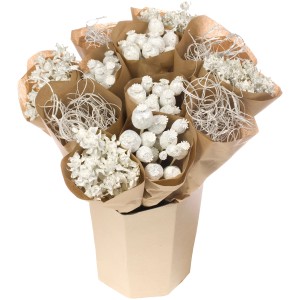 Weißes Trockenblumen-Bouquet im Topf, ideal zum Basteln von Kränzen und Gestecken.
