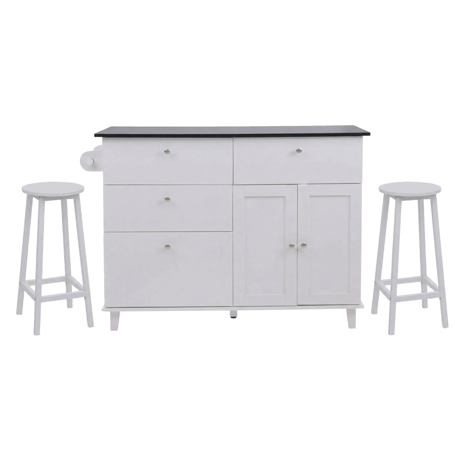 MCW Kücheninsel P62 mit 2 Sitzhockern Staufächer MDF 90x131x47cm Weiß Marmor-Optik Schwarz