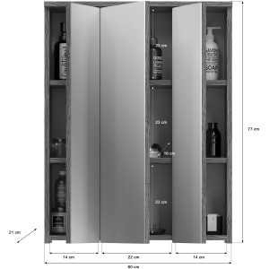 Spiegelschrank Blake Rauchsilber, 60 cm breit, dreitürig mit Ablageflächen.