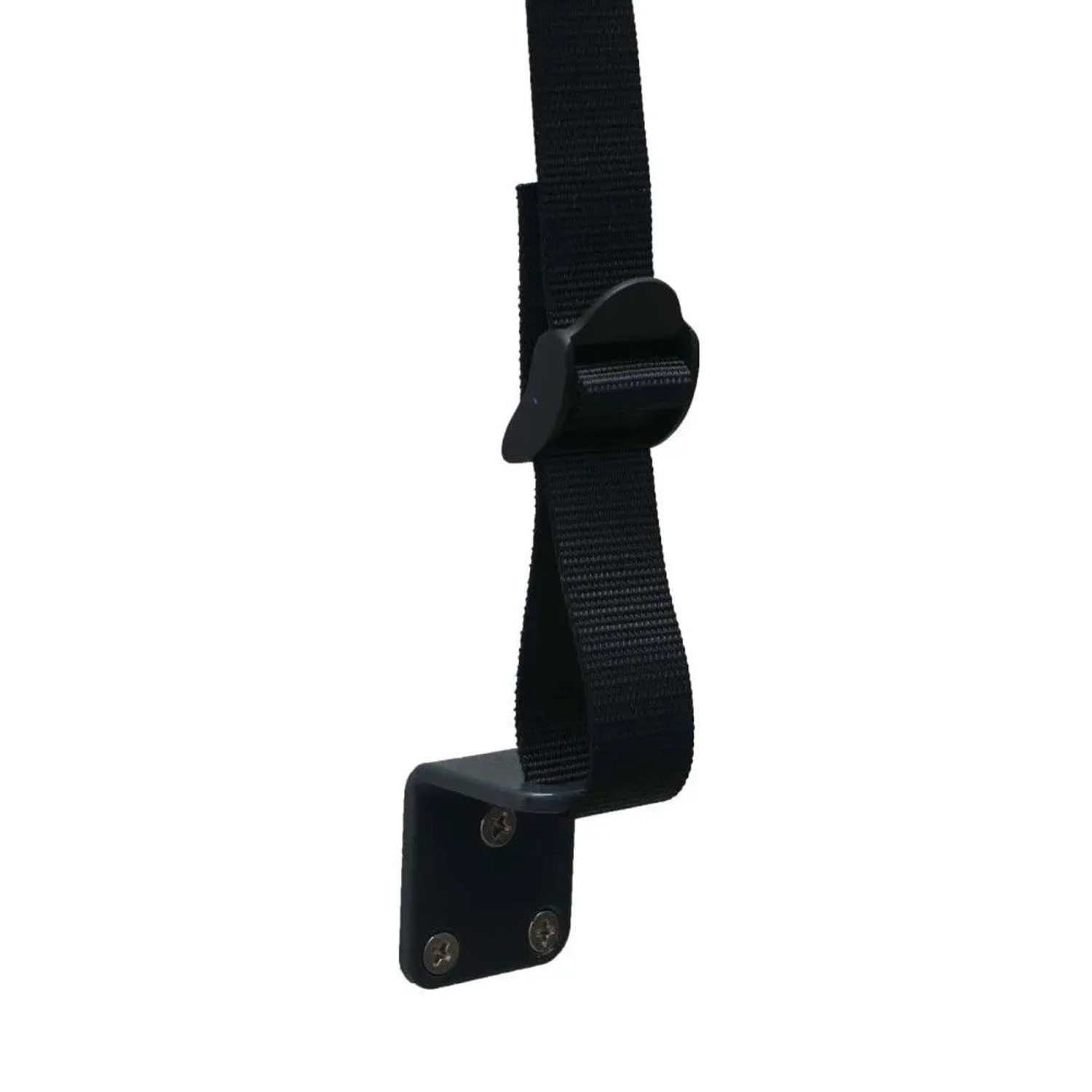 Detailansicht: Schwarzes Halteband mit Schnalle und L-förmiger Wandhalterung für MCW Vertikalmarkise. Sonnenschutz Befestigung.
